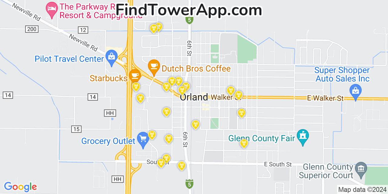 AT&T 4G/5G cell tower coverage map Orland, California