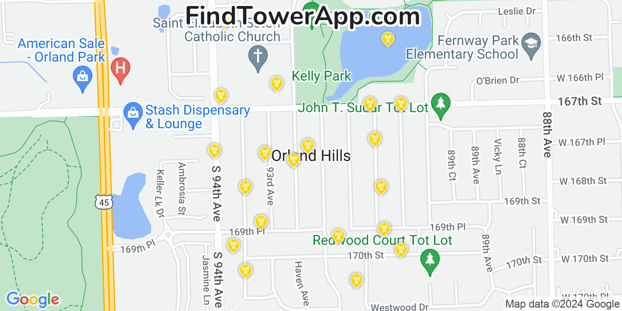 AT&T 4G/5G cell tower coverage map Orland Hills, Illinois