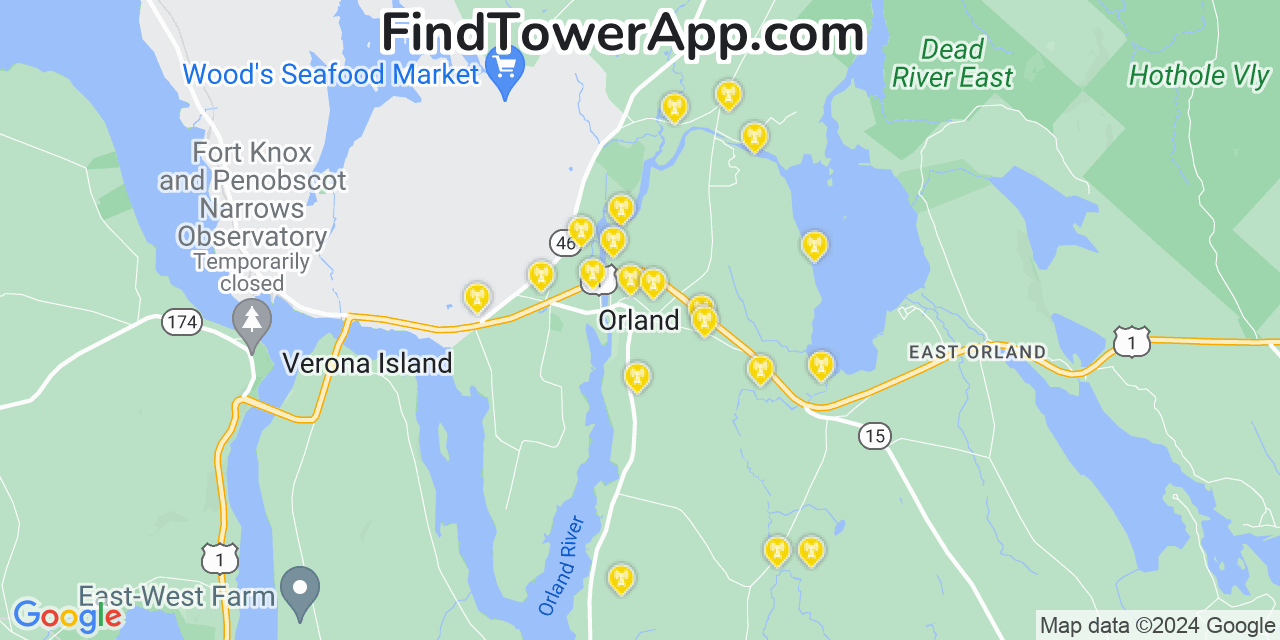 AT&T 4G/5G cell tower coverage map Orland, Maine