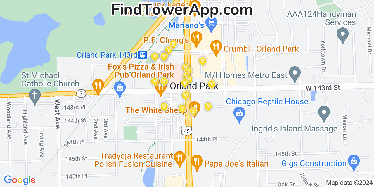 AT&T 4G/5G cell tower coverage map Orland Park, Illinois