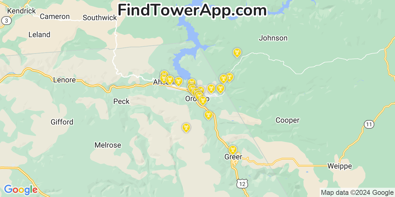 AT&T 4G/5G cell tower coverage map Orofino, Idaho