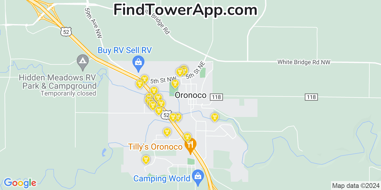 AT&T 4G/5G cell tower coverage map Oronoco, Minnesota