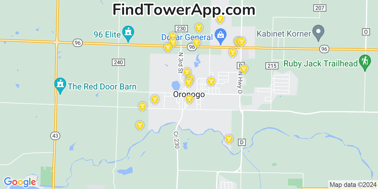 AT&T 4G/5G cell tower coverage map Oronogo, Missouri