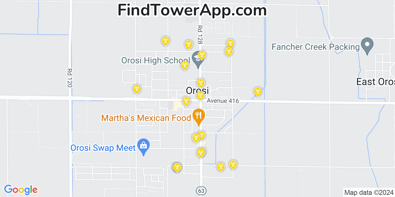 AT&T 4G/5G cell tower coverage map Orosi, California