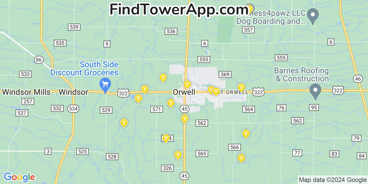 AT&T 4G/5G cell tower coverage map Orwell, Ohio