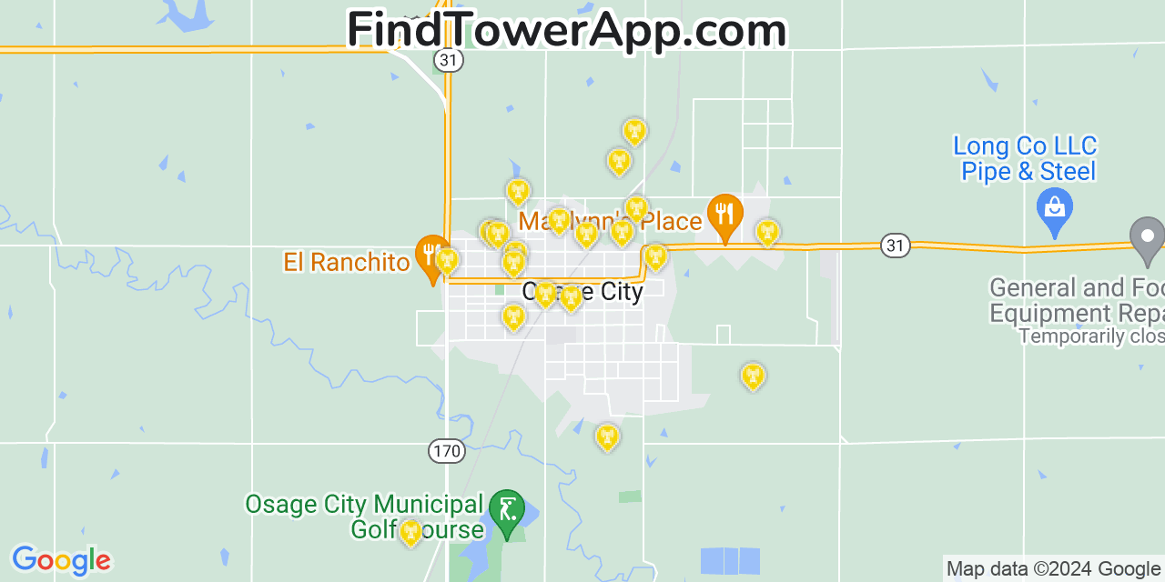 Verizon 4G/5G cell tower coverage map Osage City, Kansas