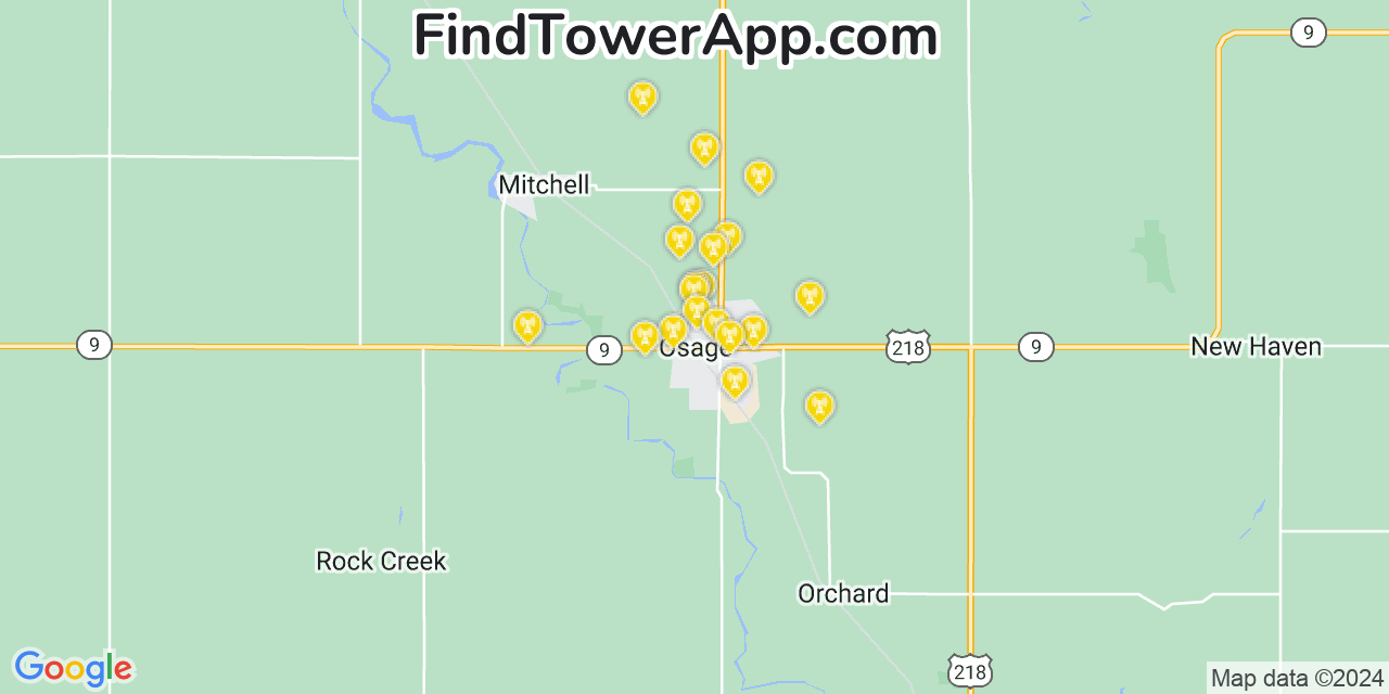 AT&T 4G/5G cell tower coverage map Osage, Iowa