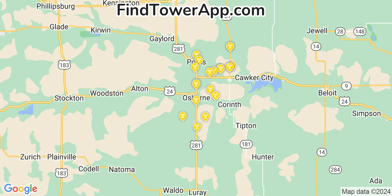 Verizon 4G/5G cell tower coverage map Osborne, Kansas