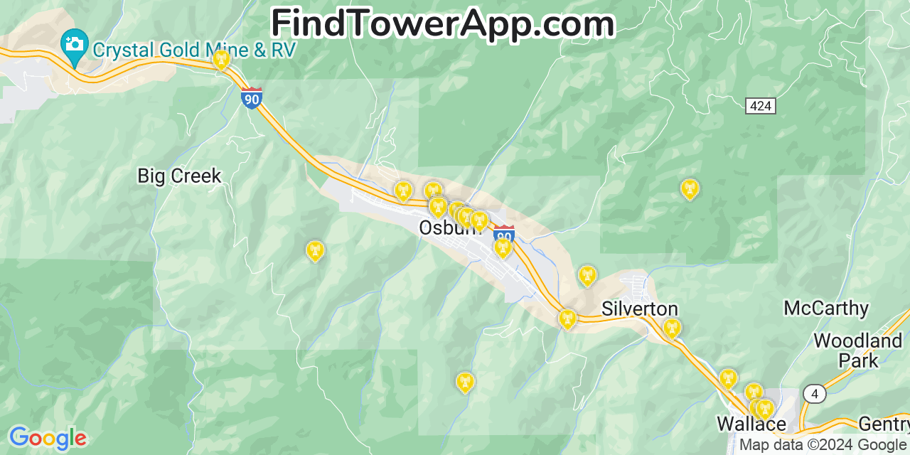 Verizon 4G/5G cell tower coverage map Osburn, Idaho
