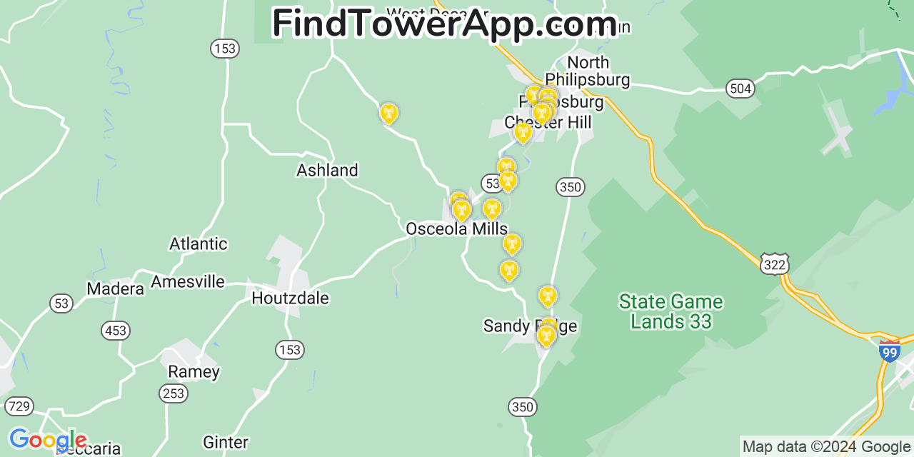 AT&T 4G/5G cell tower coverage map Osceola Mills, Pennsylvania