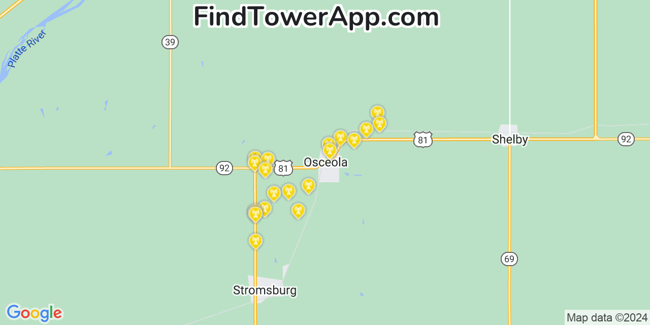 AT&T 4G/5G cell tower coverage map Osceola, Nebraska