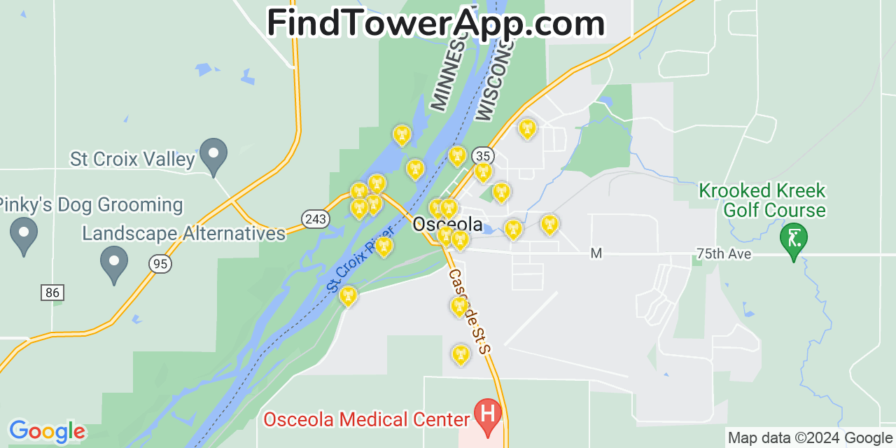 AT&T 4G/5G cell tower coverage map Osceola, Wisconsin
