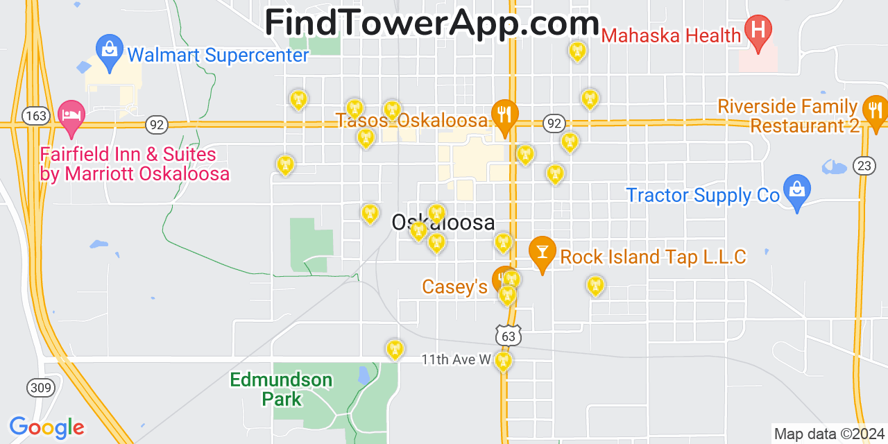 AT&T 4G/5G cell tower coverage map Oskaloosa, Iowa