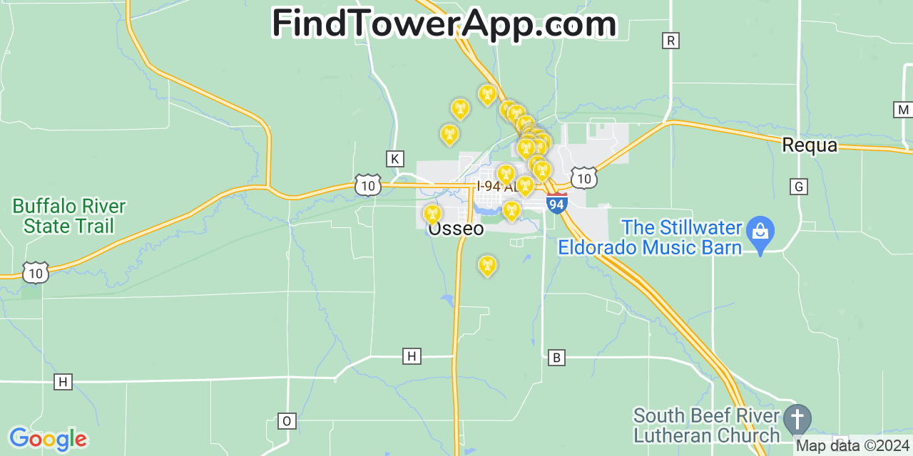 AT&T 4G/5G cell tower coverage map Osseo, Wisconsin