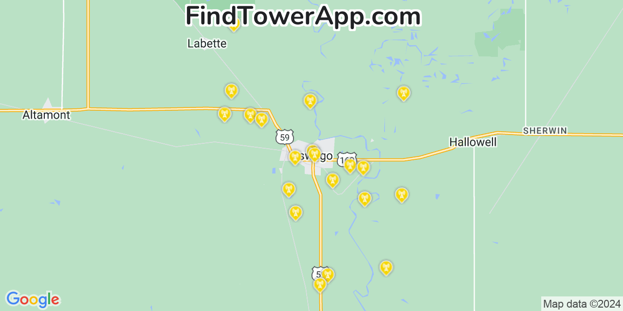 AT&T 4G/5G cell tower coverage map Oswego, Kansas
