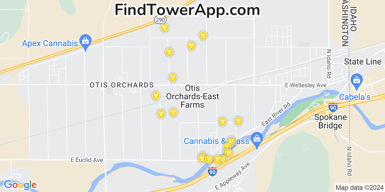 Verizon 4G/5G cell tower coverage map Otis Orchards East Farms, Washington