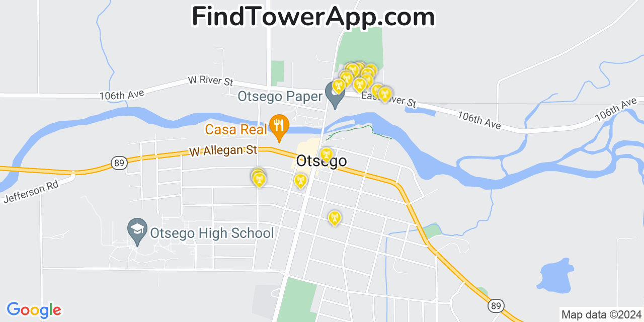 AT&T 4G/5G cell tower coverage map Otsego, Michigan