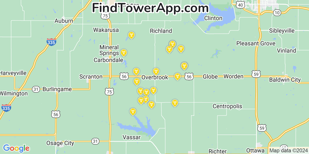 AT&T 4G/5G cell tower coverage map Overbrook, Kansas