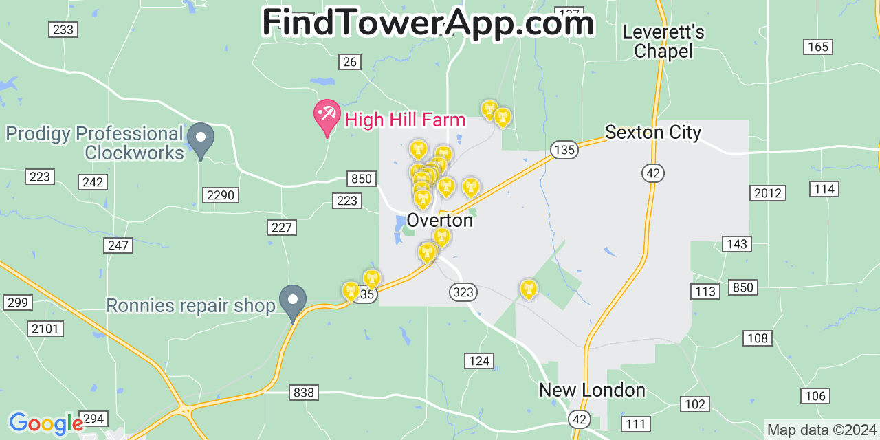 AT&T 4G/5G cell tower coverage map Overton, Texas