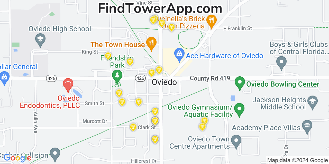 AT&T 4G/5G cell tower coverage map Oviedo, Florida