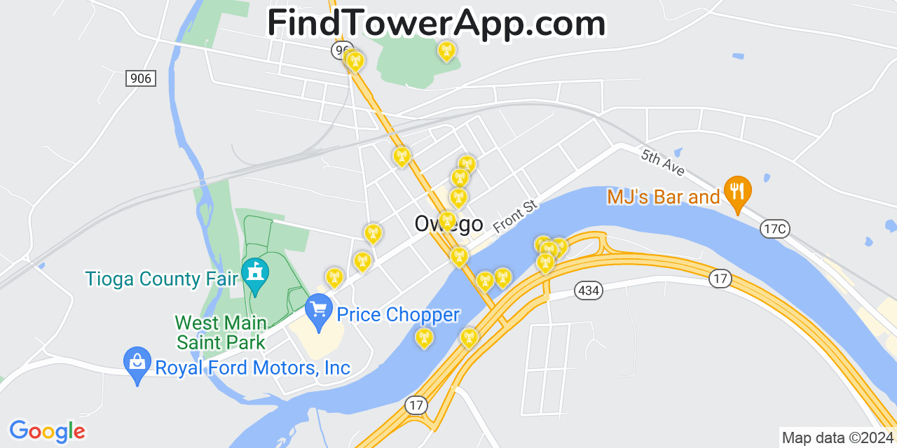 AT&T 4G/5G cell tower coverage map Owego, New York