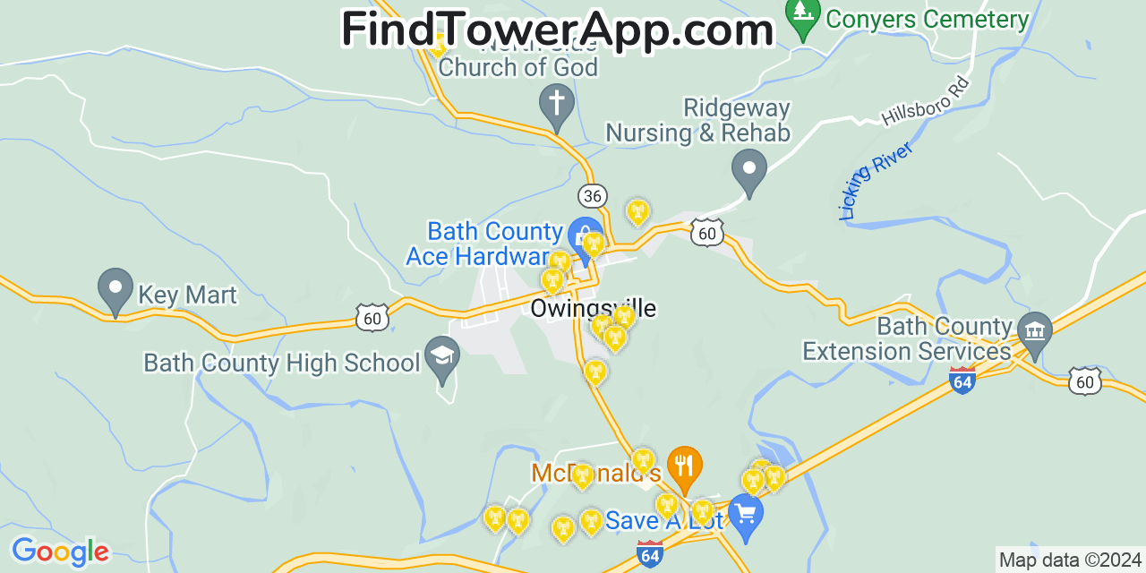 AT&T 4G/5G cell tower coverage map Owingsville, Kentucky