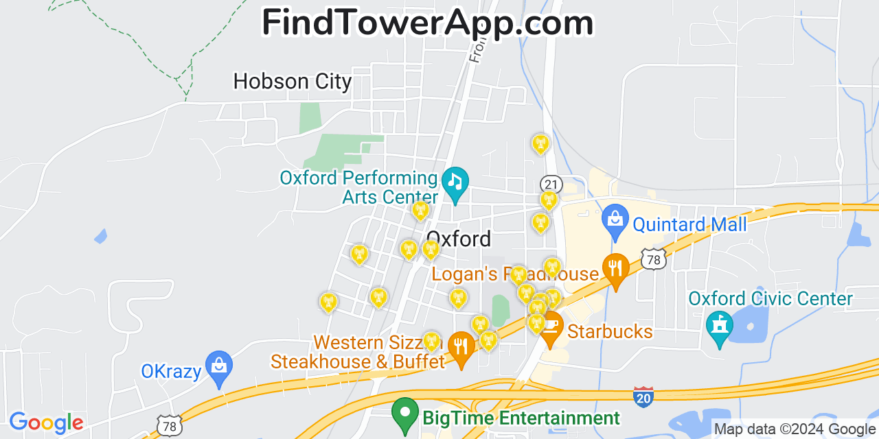 AT&T 4G/5G cell tower coverage map Oxford, Alabama
