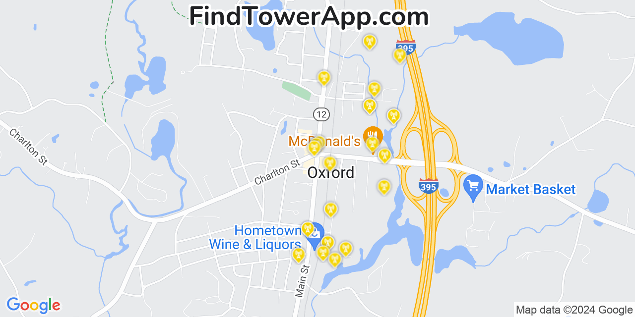 AT&T 4G/5G cell tower coverage map Oxford, Massachusetts