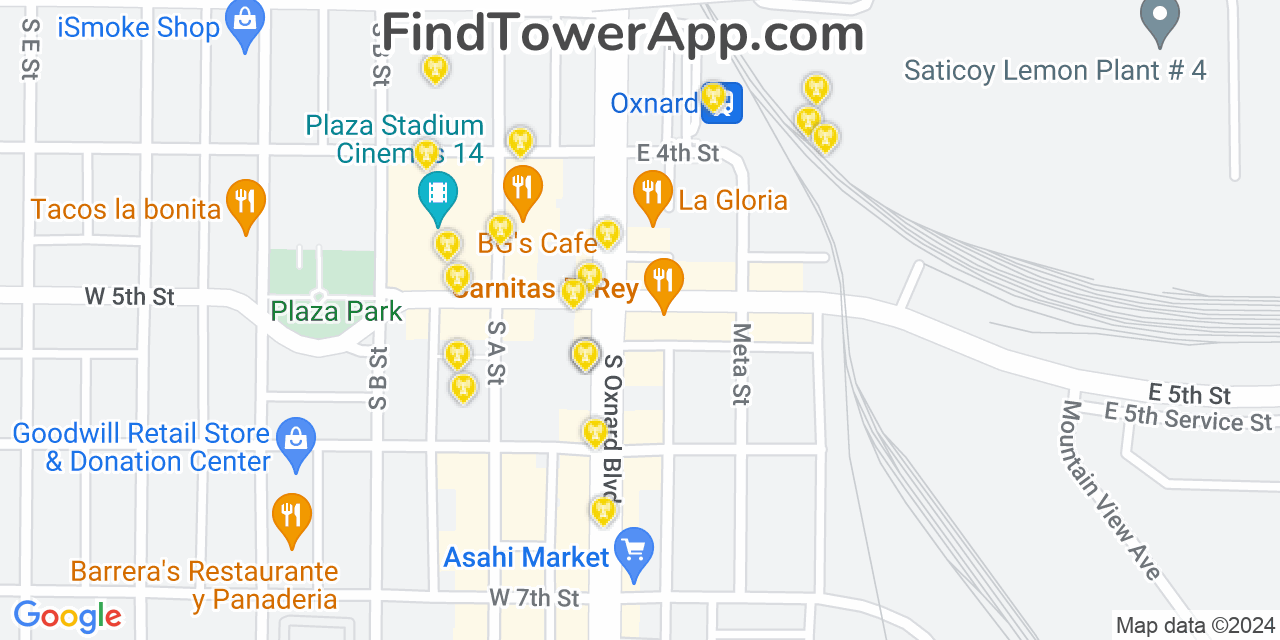 AT&T 4G/5G cell tower coverage map Oxnard, California