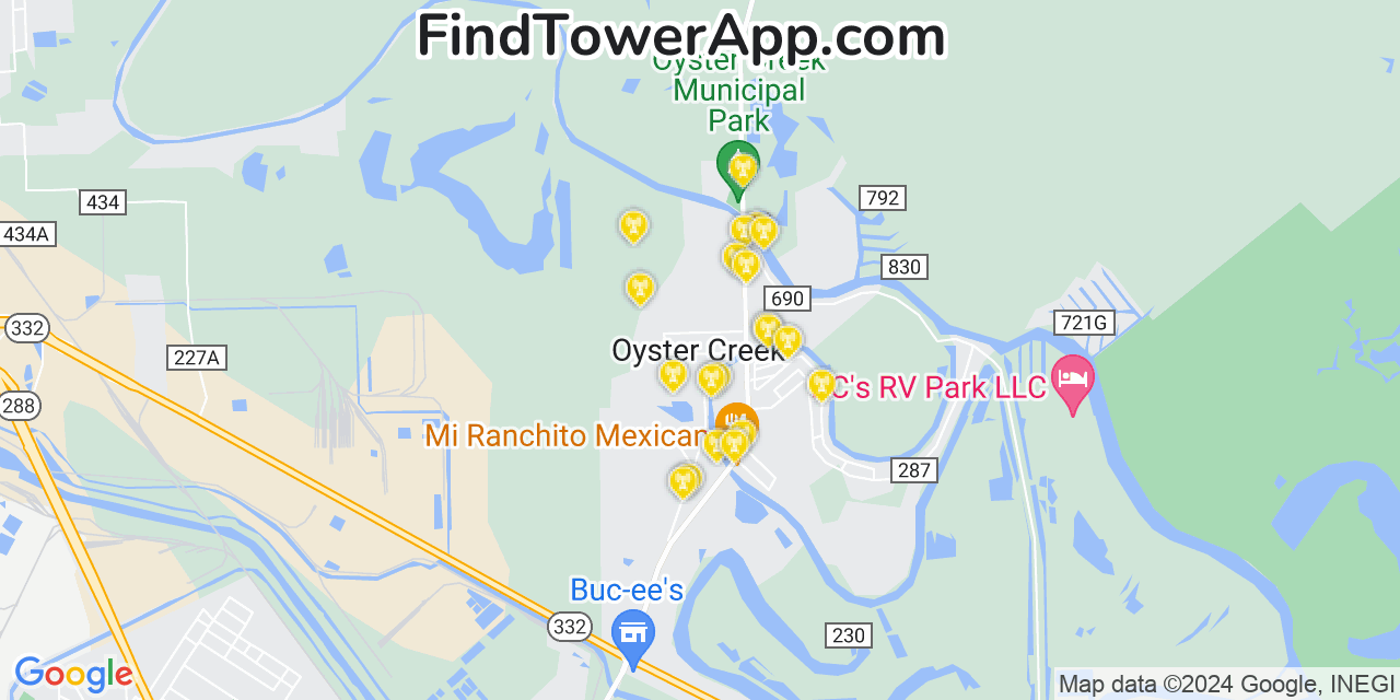 AT&T 4G/5G cell tower coverage map Oyster Creek, Texas