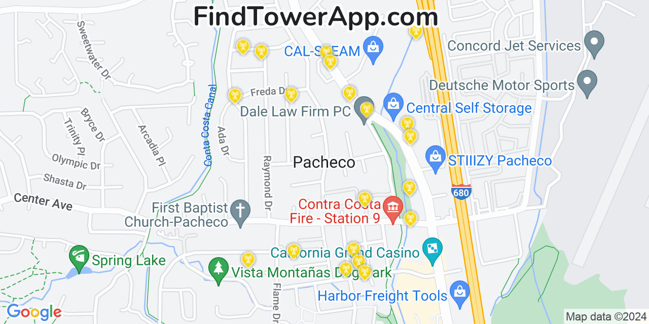 AT&T 4G/5G cell tower coverage map Pacheco, California