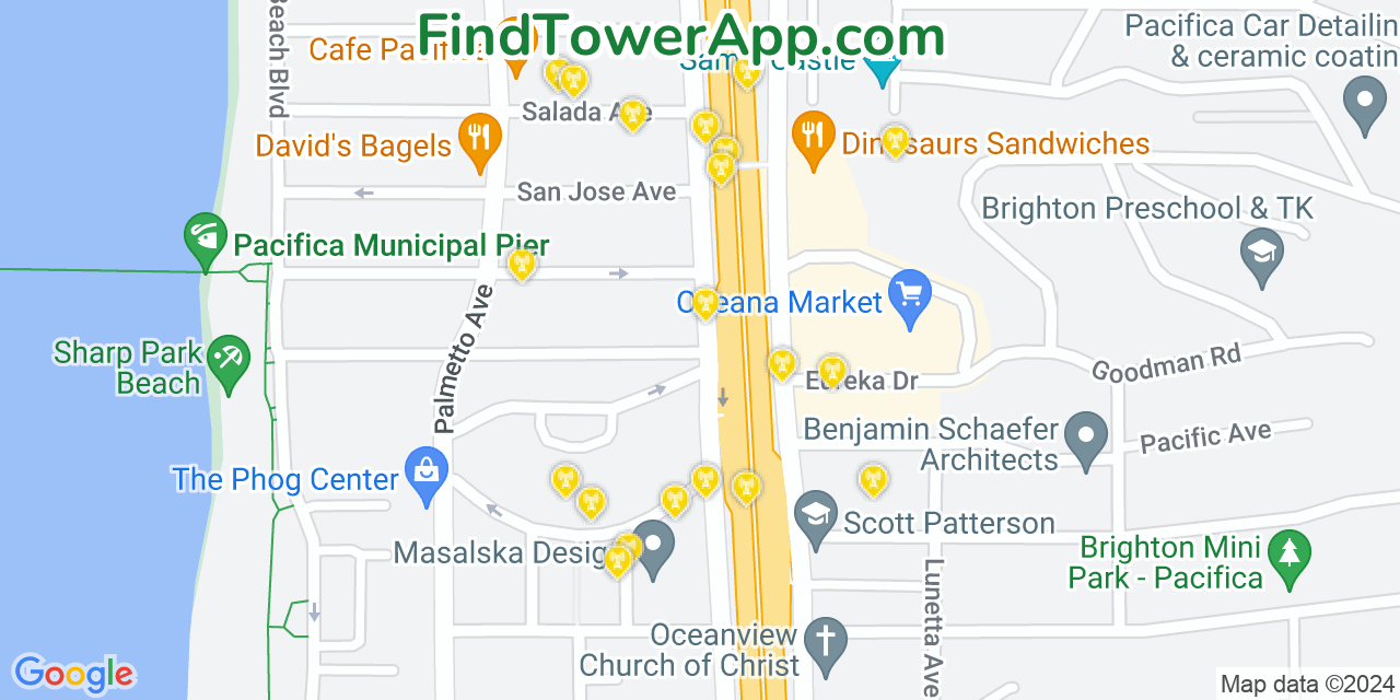AT&T 4G/5G cell tower coverage map Pacifica, California