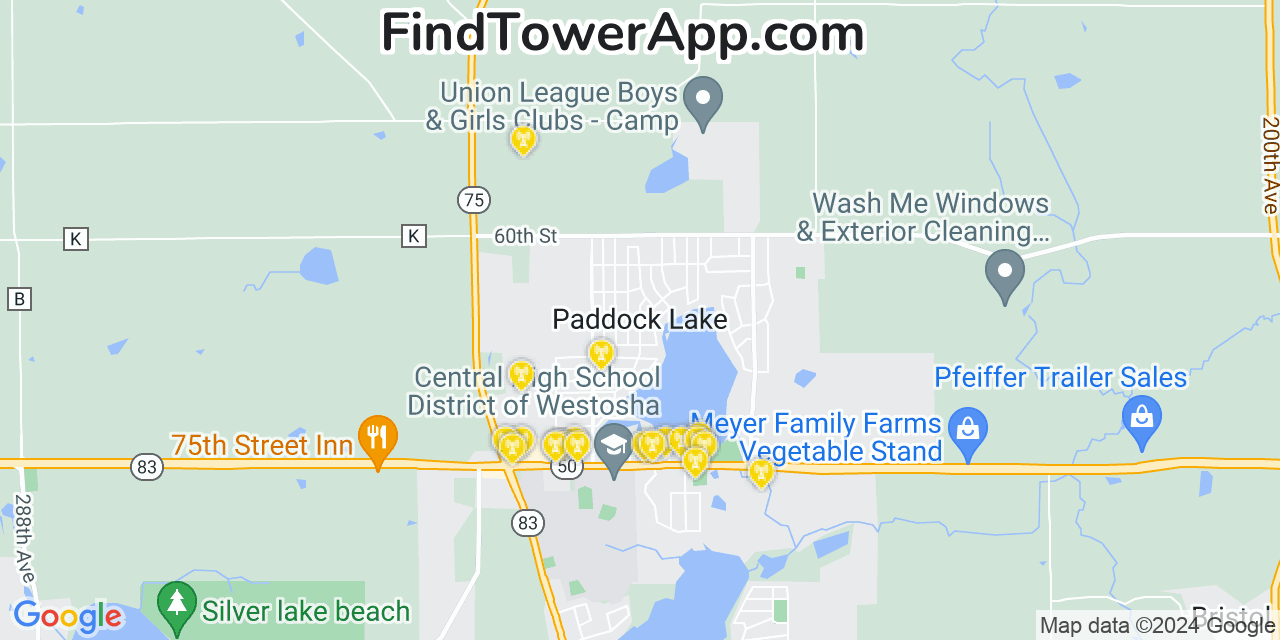 AT&T 4G/5G cell tower coverage map Paddock Lake, Wisconsin