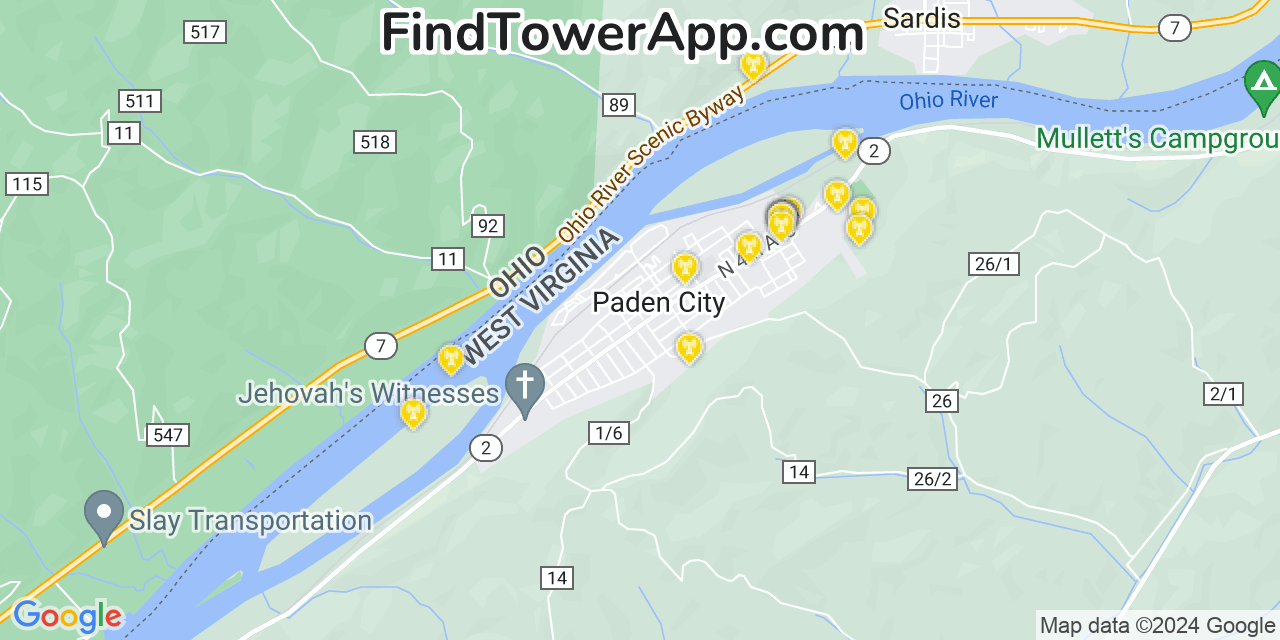 AT&T 4G/5G cell tower coverage map Paden City, West Virginia