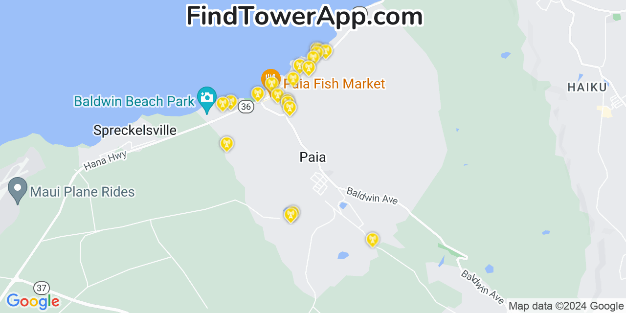 AT&T 4G/5G cell tower coverage map Paia, Hawaii