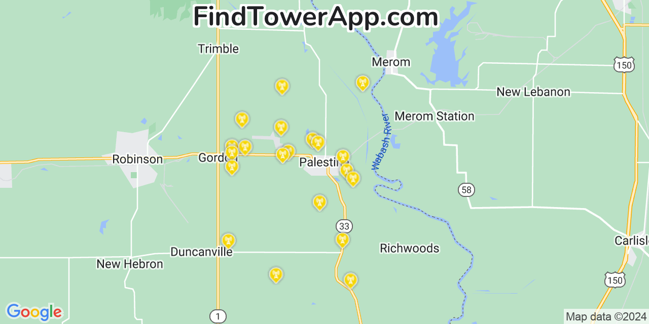 AT&T 4G/5G cell tower coverage map Palestine, Illinois