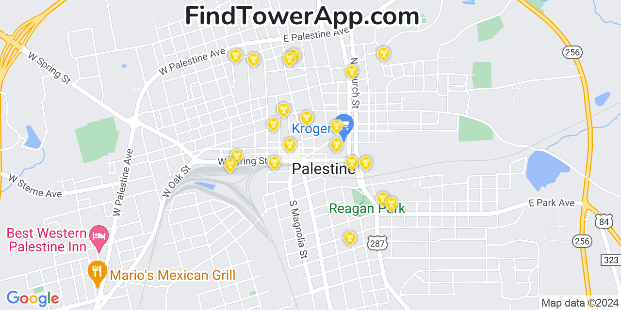 AT&T 4G/5G cell tower coverage map Palestine, Texas