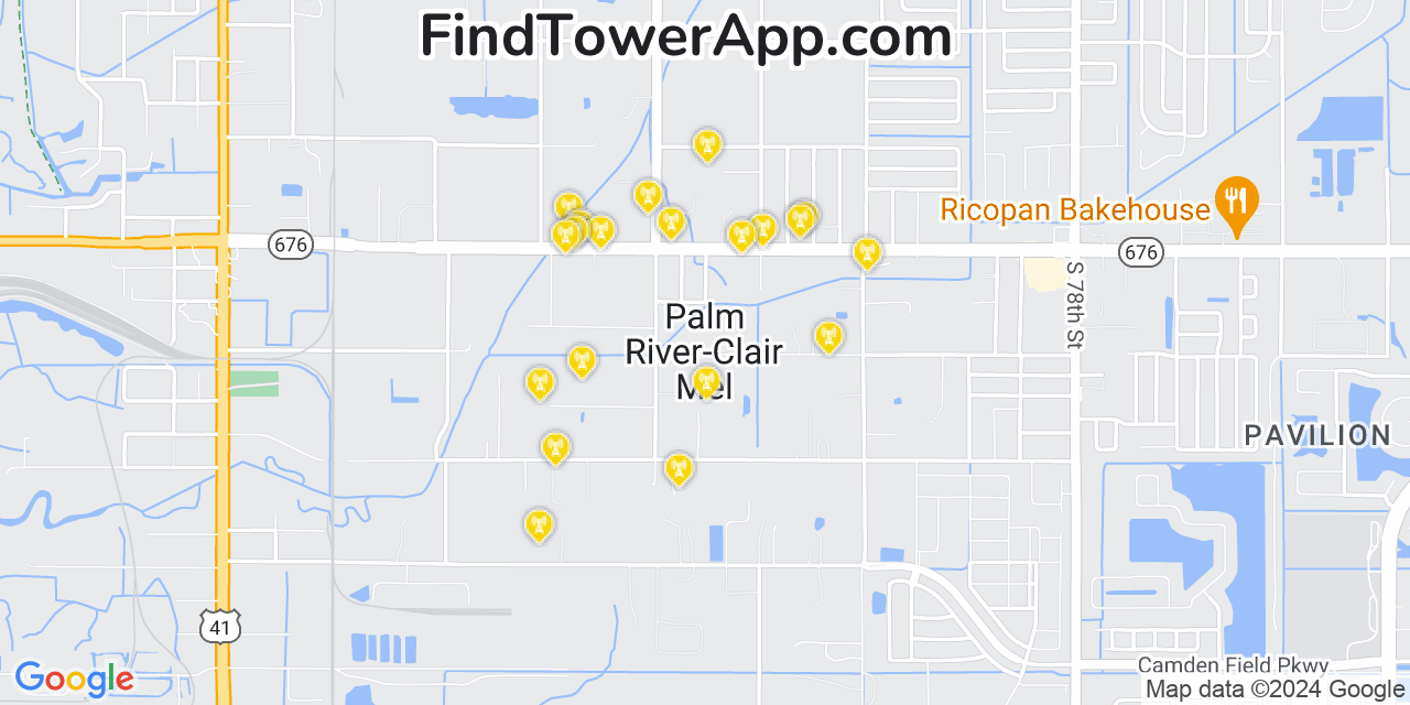 AT&T 4G/5G cell tower coverage map Palm River Clair Mel, Florida