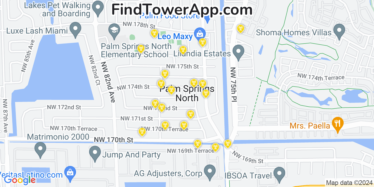 AT&T 4G/5G cell tower coverage map Palm Springs North, Florida