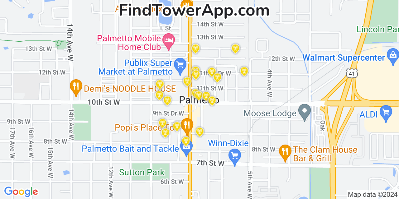 Verizon 4G/5G cell tower coverage map Palmetto, Florida