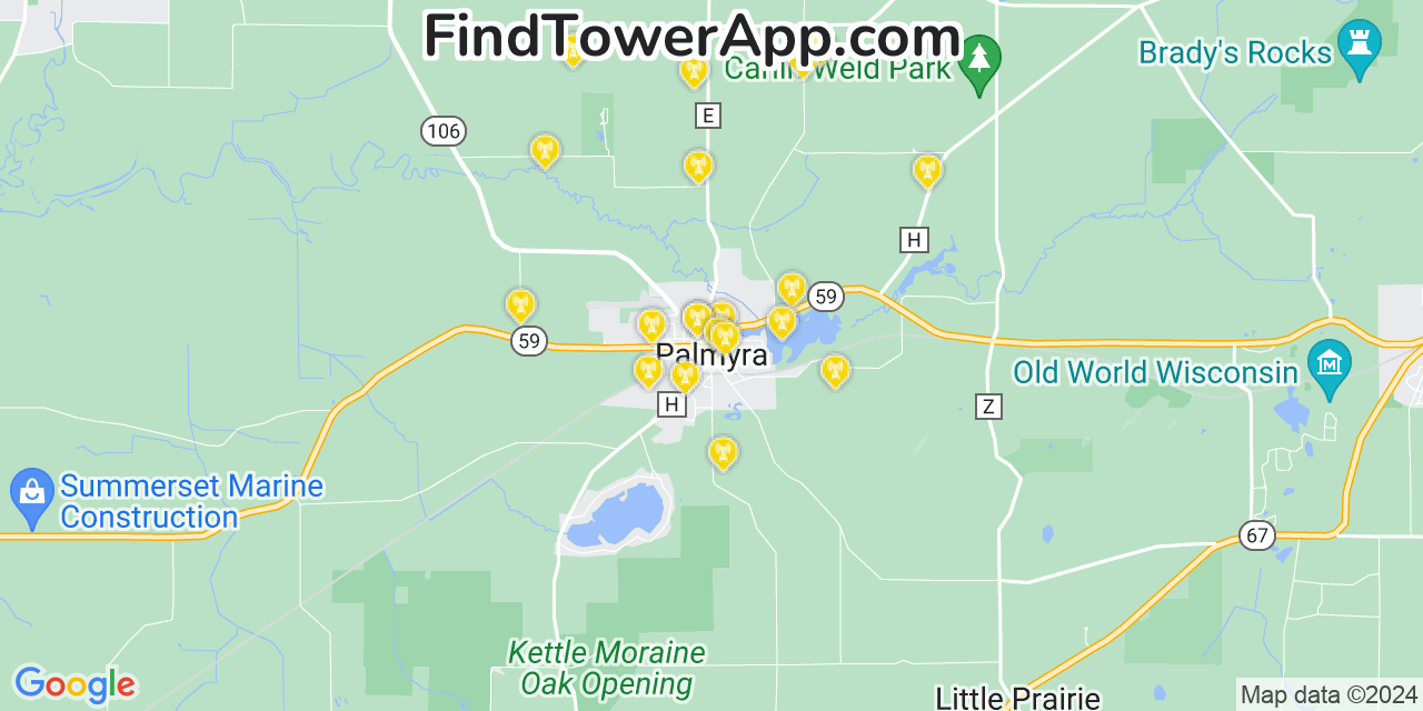 AT&T 4G/5G cell tower coverage map Palmyra, Wisconsin