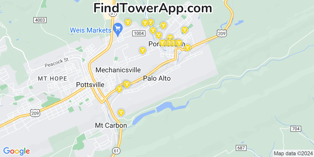 Verizon 4G/5G cell tower coverage map Palo Alto, Pennsylvania