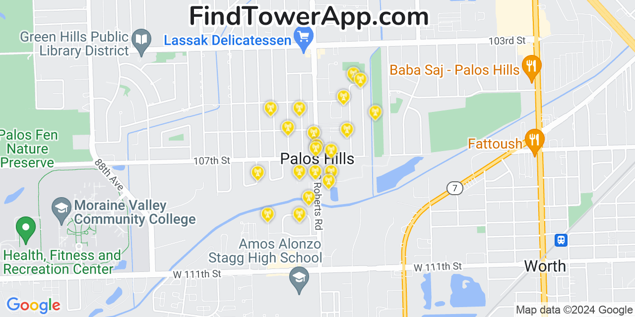 AT&T 4G/5G cell tower coverage map Palos Hills, Illinois