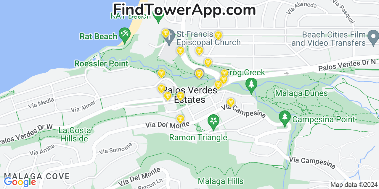 Verizon 4G/5G cell tower coverage map Palos Verdes Estates, California