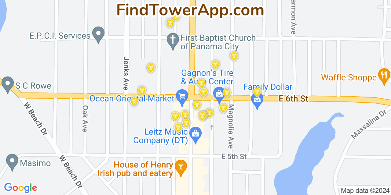 AT&T 4G/5G cell tower coverage map Panama City, Florida