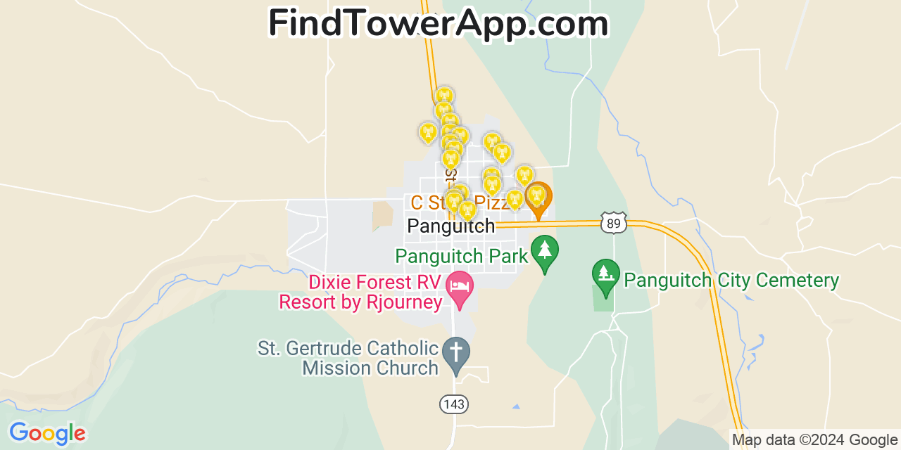 AT&T 4G/5G cell tower coverage map Panguitch, Utah