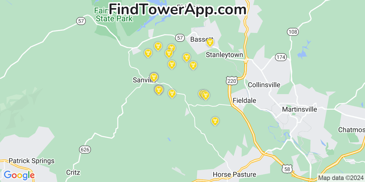 AT&T 4G/5G cell tower coverage map Pannill Fork, Virginia