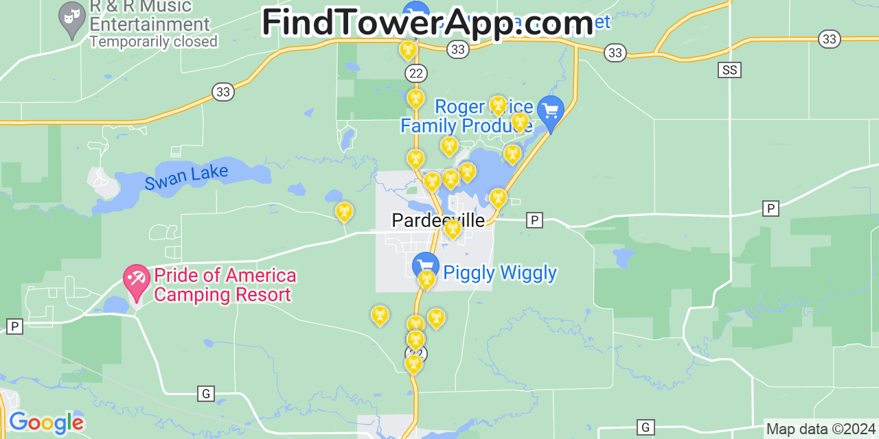 AT&T 4G/5G cell tower coverage map Pardeeville, Wisconsin