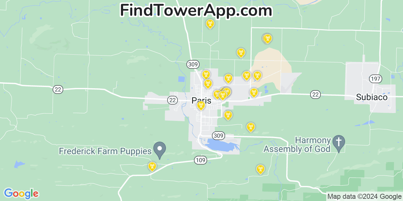 AT&T 4G/5G cell tower coverage map Paris, Arkansas