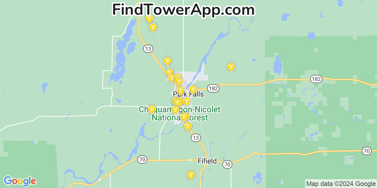 Verizon 4G/5G cell tower coverage map Park Falls, Wisconsin
